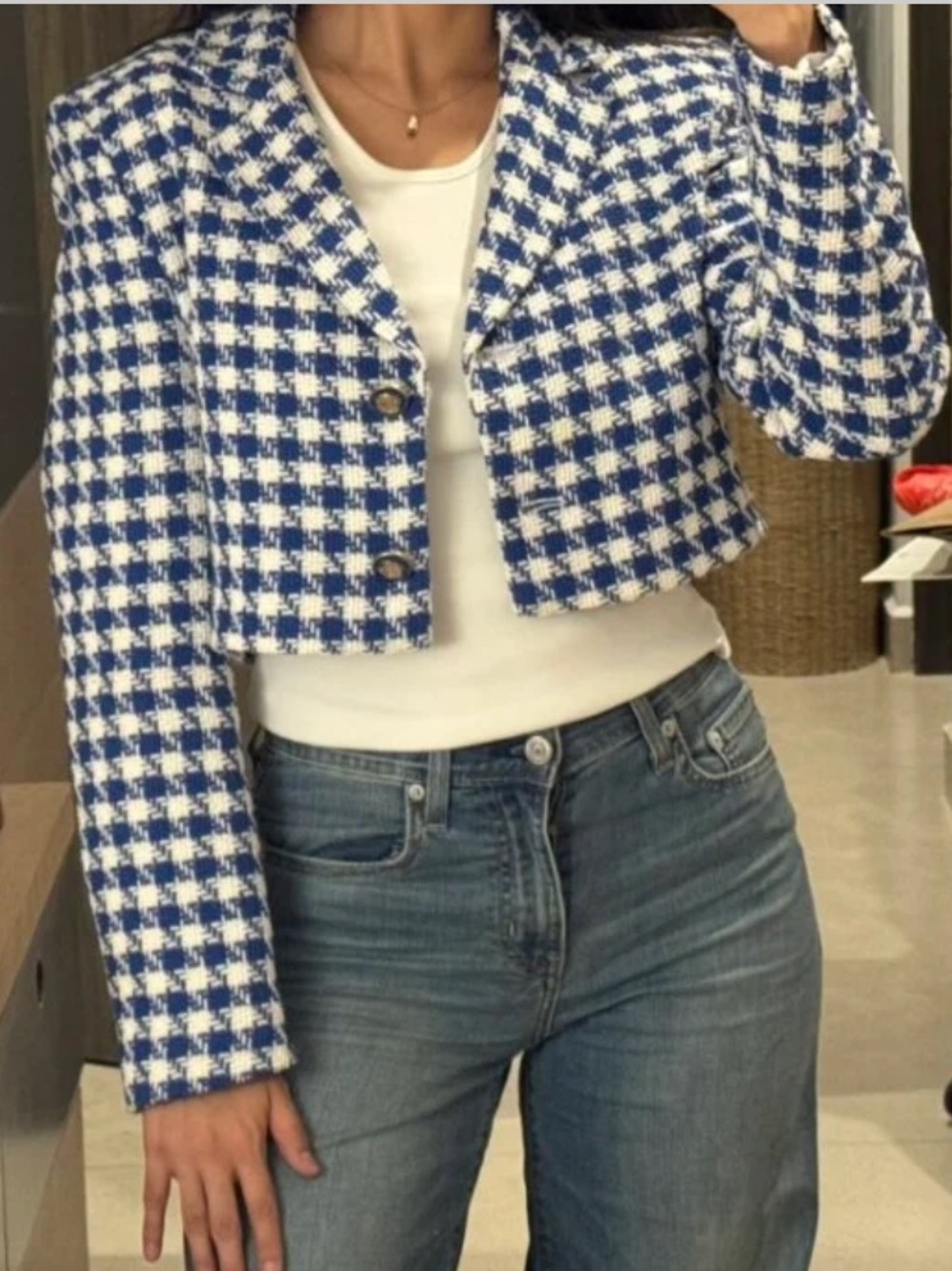 Zara Blue Houndstooth Blazer Small NWT Preppy Business Casual Jacket $70